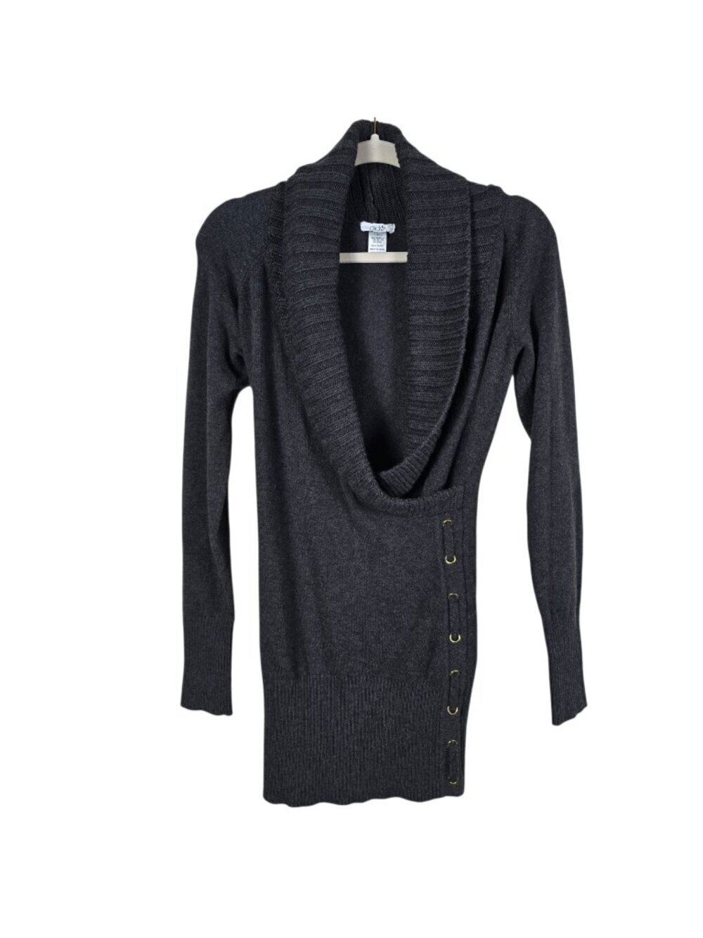 Y2K Cache Womens Gray Wool Blend Cowl Neck Ribbed Sweater Dress Tunic Medium